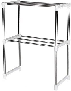 YORKING 2 Tier Microwave Oven Storage Rack Stainless Steel Microwave Shelf Expandable Countertop Stand Shelf with 4 Hooks Kitchen Stand Organiser Countertop Space Saver