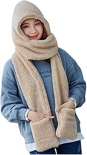 Winter 3 in 1 Faux Fur Bomber Hat Neck Warmer Ear Flap Hooded Scarf Hats Hoodie Gloves Pocket Hat Long Scarf Shawl Wraps Coral Fleece Fluffy Warm Beanie Caps Winter Headwarmer