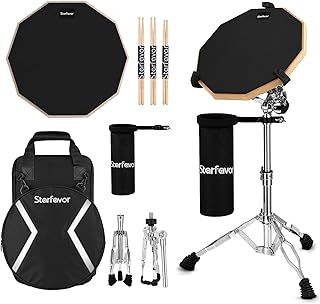 Starfavor Drum Practice Pad with Snare Drum Stand Set, 12-Inch Double Sided Silent Practice Pad Kit with Drum Sticks, Drumstick Holder, Carrying Bag, Black, ST-700B
