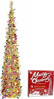 Pop Up Christmas Tree 6ft Slim Tinsel Christmas Tree, Foldable Artificial Christmas Trees with Stand, Reusable Sequin Tree for Christmas Decorations, Home Office Decor （Gold）