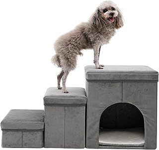 Folding Dog Steps for High Bed Sofa,3 Step Ladder with Anti-Slip Removable Plush Cover,Collapsible Dog Stairs for Small Medium Dogs Older Cats Pet