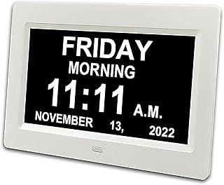 Inker 2024 Digital Calendar Day, 7.2'' Large HD Screen, am pm, 8 Alarm Dementia Clock, Extra Impaired Vision People, and Aged Seniors, Bed, Desk, Wall (Adapter Not Included), White