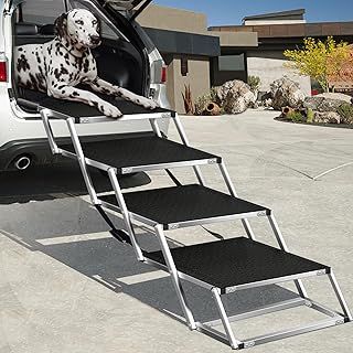 Extra Wide Dog Car Stairs for Large Dogs, Lightweight Aluminum Foldable Pet Ramp with Nonslip Artificial Grass Rug Surface for Cars SUV, High Beds & Trucks, Supports up to 125kg