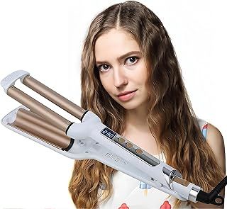 3 Barrel Hair Curler, Beach Wave Curling Iron, Triple Barrel Curling Tongs, Ceramic Curling Wand for Long Hair, LCD Temp Big Wave Curler with UK Plug (White)
