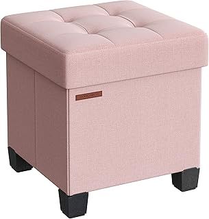SONGMICS Storage Ottoman, Foldable Small Ottoman Foot Rest, 38 x 38 cm Foot Stool, Ottoman with Storage, Load up to 300 kg, for Living Room, Bedroom, Dorm, Jelly Pink LSF014R51