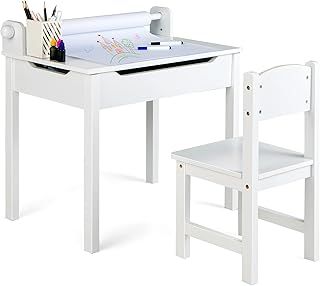 Kids Table and Chair Set, Children Lift-top Art Desk with Paper Roller, Hidden Storage Space & Pen Slot, Toddler Wooden Activity Table Set for Drawing, Studying (White)