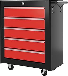 HOMCOM Steel 5-Drawer Tool Storage Cabinet Lockable with Wheels Handle 2 Keys Garage Equipment Trolley Home Work DIY Workshop Chest Red