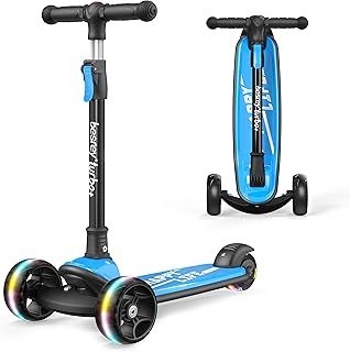 besrey Kids Scooter - Big Wheels Foldable Kick Scooter with Flashing LED Lights for Boys Girls, 4 Levels Height Adjustable Scooter, Wide Deck Scooter for Kids Ages 2-8