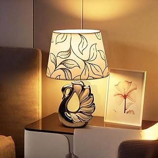 Aigostar Beside Lamp, Table Lamps for Living Room, Bedside Table Lamp with On-Off Switch, E14 Base Bedroom Lamp with Linen Lampshade, Swan Ceramics Base Desk Lamp for Reading, Study, Office