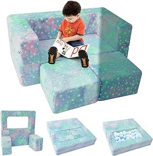 MeMoreCool Kids Sofa Bed, Modular Toddler Chair Couch, Glow in The Dark Baby Mini Couch Lounger Fold Out, Kids Bedroom Furniture for Playroom, Colourful Star
