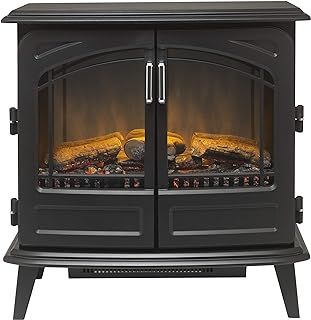 Dimplex Cassia Noir Large Optiflame Electric Stove, Black Cast Iron Effect Wood Burner Style Stove with Artificial Logs, LED Flame Effect, Opening Doors, 2kW Adjustable Fan Heater and Remote Control