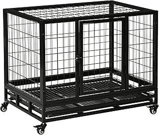 PawHut 38" Heavy Duty Metal Dog Kennel Pet Cage with Crate Tray and Wheels - Black (Medium)