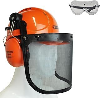 Chainsaw Helmet Forestry Safety Hat Ear Defenders Metal Visor Protective Gear Arborist Mask Mesh PPE Orange Wood Shield Garden Chain Hard Hat Replacement Free Goggles