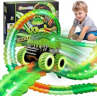 154PCS Rechargeable Car Track Toy Set, Glow Race Track, Flexible Car Tracks, Dinosaur Track Set Glow in The Dark, Race Train Track Toy for 3 4 5 6 7 8 Year Old Boys Gifts, 2*800mAh Batteries