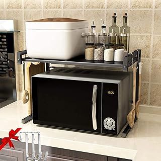 2 Tier Over Microwave Oven Shelf Storage Solution Organiser Stand Utensil Holder Counter Shelf and Organizer with 3 Hooks Carbon Steel 55lbs Weight Capacity Matte Black
