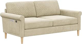Vesgantti Fabric 2 Seater Sofa, 164cm Loveseat Sofa with Bilateral Pocket Storage, Upholstered Couch Perfect for Living Room, Bedroom, Office, Small Space, Tool-free Assembly, 164L*76D*85Hcm, Beige
