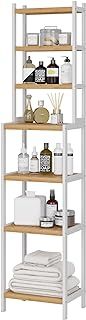 Bamboo Shelving Unit Bathroom Ladder Shelf Tall Standing Shelving Unit 7-tier Storage Shelves Plant Stand 161x36x28cm ‎White+Natural