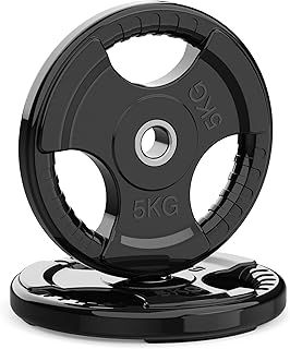 1-Inch Olympic Weight Plates with Rubber Finish Opening and Tri-Grips, 1'' Black Barbell Plates Discs for Lifting and Strength Training, Solid Cast Iron Core Weights Set, 1.25kg - 20kg