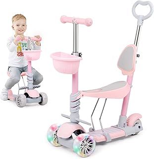 Kids Kick Scooter 3 Wheels Scooter for Toddler 5 in 1 Scooter for Kids-with Removable Seat and Push Rod, Adjustable Height Kick Scooter for Girls & Boys 2-6 Years Old