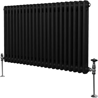 Traditional 2 Column Radiator 600mm x 1012mm Modern Central Heating Heater Matt Black Carbon Steel Horizontal Wall Mounted Kitchen Living Room Bathroom FREE Cleaning Brush Fixing Kit & Brackets