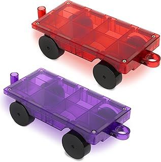 Playmags 2 Piece Car Set: Strong Magnets - STEM Toys for Kids, Use with All Magnetic Tiles and Blocks Sturdy, Super Durable with Vivid Clear Color Tiles. (Colors May Vary)