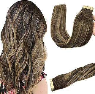 GOO GOO Tape in Hair Extensions Human Hair, 20pcs 50g 14inch, Balayage Chocolate Brown to Strawberry Blonde Real Remy Hair Extensions Seamless Straight Human Hair Extensions