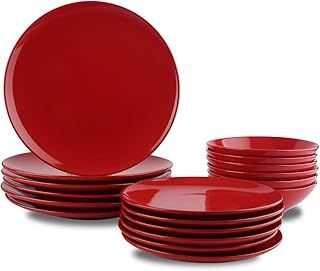 Amazon Basics 18-Piece Stoneware Dinnerware Set - Fire Engine Red, Service for 6
