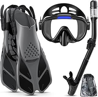 Snorkel Set Adult with Flippers, Anti-Fog Diving Set, Dry Snorkel, Adjustable Flippers, Snorkelling Packages for Men and Women