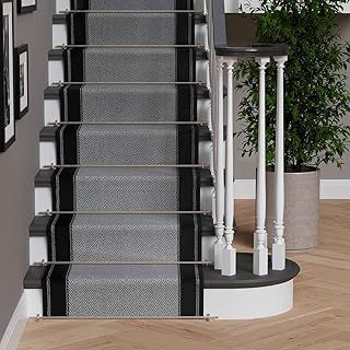 The Rug House Black And Cream Bordered Stair Carpet Flecked Striped Stain Resistant Cut to Measure Runner - Sold and Priced Per Foot 2.3' x 23'