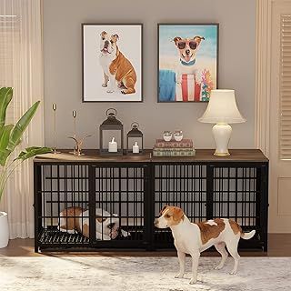 Heavy Duty Dog Crate Furniture: 62inch Pet Side Table Kennels House with 3 Doors and Removable Tray - Inside Puppy Wooden Training Cages with Wire Bottom for Small Medium Dogs Rustic Brown