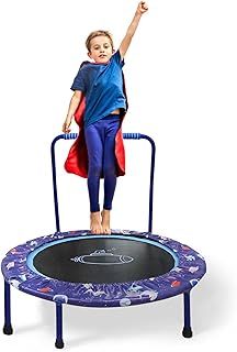 38'' Kids Trampoline Mini Foldable Fitness Trampoline with Adjustable Handrail and Safety Padded Cover Exercise Foldable Bungee Rebounder Indoor Outdoor Use
