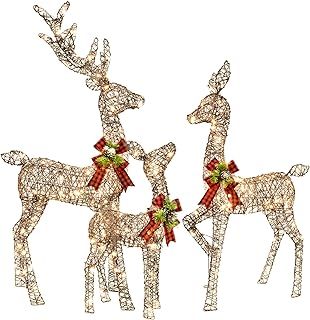 HOYECHI Lighted Christmas Decoration Deer 3 Piece, Light up Christmas Decor Reindeer Family Set for Indoor Outdoor Front Yard Porch with LED Lights, Plug, Extension Cord, Ground Stakes - Brown