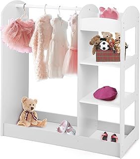 Wooden Kids Wardrobe, Children Dress Up Storage with Mirror, Clothes Rail and Shelves, Toddler Pretend Storage Closet for Kindergarten, Nursery, Bedroom (White)