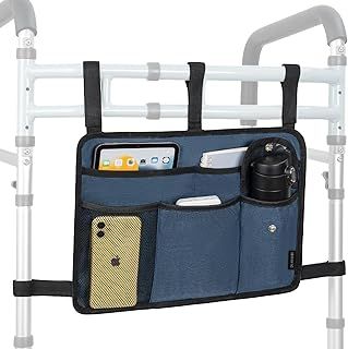 BQKOZFIN Walking Frame Bag with Cup Holder, Folding Walker Storage Bag, Water-Resistant Walker Accessory Basket, Hands-Free Wheelchair Organizer Pouch for Seniors, Elderly, Handicap (Blue)