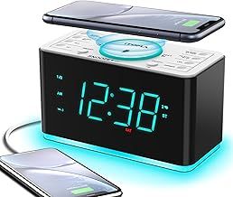 iTOMA Alarm Clock Radio, 15W Ultra Fast Wireless Phone Charger with Bluetooth, Two Charging Ports, Dual Alarm, Sleep Timer, Snooze, Dimmer, FM Radio,Cyan LED Night Light &1.4" Display CKS207