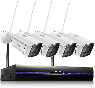 REIGY 3MP WIFI CCTV Camera System with Floodlight, Outdoor Security Cameras Set 8CH NVR + 4x 1296P IP Cam With 2-Way Audio, Remote View, Color Night Vision, Motion Detection Without HDD