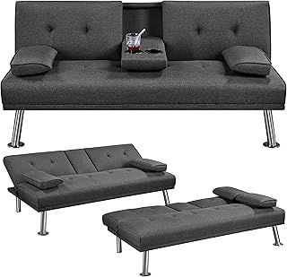 Yaheetech Sofa Bed Fabric Click Clack Sofa Bed with 2 Cup Holders, Convertible Futon Settee, Futon Recliner Lounge for Living Room, Spare Room, Bedroom, Dark Gray