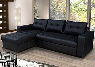 Corner Sofa Bed Black Faux Leather. L shaped sofa with Storage Left or Right Corner