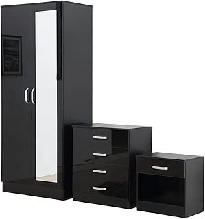 AFN Gladini Bedroom Furniture Sets for Bedroom Storage High Gloss Home Closet 2 Door Wardrobe with Mirror and 4 Drawer Chest and Bedside Cabinet (Black)
