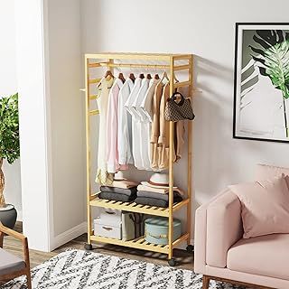 Rolling Clothes Rack: Bamboo Open Wardrobe Coat and Shoe Rack with 1 Bar and 4 Hooks Ideal for Home, Living Room, Bedroom, Entrance – 78 x 41 x 169 cm