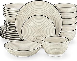 vancasso Bonbon Beige Dinner Set, 24 Pieces Dinner Sets for 6 People, Handpainted Swirls Plates and Bowls Set in Rustic Look, Include Dinner Plates, Dessert Plates, Pasta Bowls and Cereal Bowl