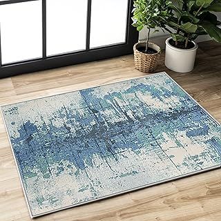 Area Rugs Blue Abstract Rug Non-Slip Modern Rugs Living Room Large Grey Rug Short Pile Soft Carpet Rugs for Bedroom Home Decor (Ink Blue, 80 x 120 cm)