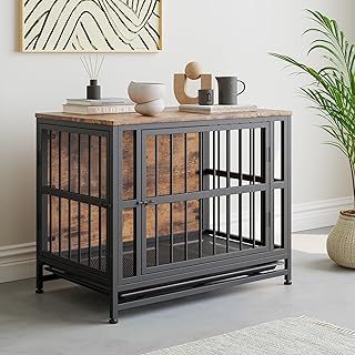 32.68" Wooden Dog Crate Furniture,Large Dog Kennel Indoor,Heavy Duty Dog Cage for Medium/Large Dogs,Dog House with 2 Doors Removable Tray,Side End Table,Chew-Resistant,Rustic Brown