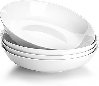 MALACASA, Series Regular, 9'' Pasta Bowl, Porcelain Salad Pasta Bowl, Large Ceramic White Soup Bowl Set, Serving Plates for Salad Pasta Soup Fruit, Microwave Dishwasher Safe, Set of 4