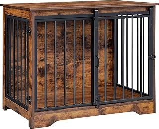 Hzuaneri Dog Crate Furniture, 81 cm Double Door Dog Crate with Barn Door, Indoor Kennel, End Side Table Wooden Animal Crates for Small Medium Dogs, Anti-Chew Anti-Escape, Rustic Brown DFC83601B
