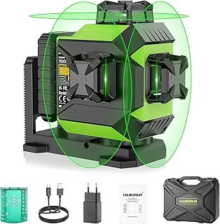 Huepar 3 x 360° Laser Level Green 3D Self-Leveling Cross 12 Lines Laser Level Three-Plane Leveling and Alignment Laser Tool, Rechargeable Li-ion Battery with Type-C Charging Port & Hard Carry Case