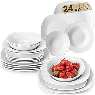 MALACASA, Series Elisa, 24-Piece Dinner Sets Ivory White Porcelain Dinner Set with 6-Piece 6.7" Cereal Bowls, 6-Piece 9.75" Dinner Plate, 6-Piece 7.5" Dessert Plate and 6-Piece 8.5" Deep Soup Plates