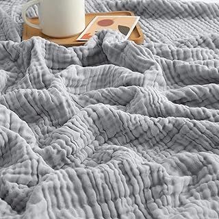 EMME Cooling Blanket for Hot Flashes Muslin Throw Blanket 100% Cotton Throws Gauze Blanket All Season Soft Lightweight Breathable Blanket (Light Grey, 140 x 190cm)