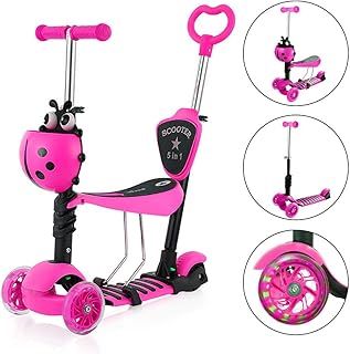 Dripex 5-in-1 Kids Scooter Toddler Scooter with Flashing Led Light Up Wheels 3 Wheels Kick Scooter with Adjustable Handlebar Removable Seat and Push Handle