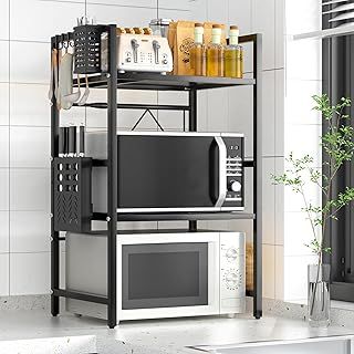 Microwave Shelf, Extendable Microwave Stand with Hooks/Cutting Board Holder/Knife Holder/Cutlery box, Microwave Rack for Kitchen Counter